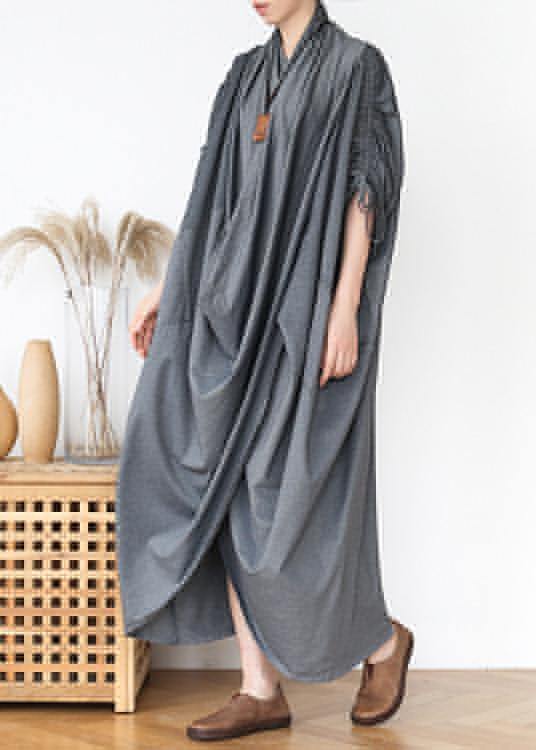 DIY v neck asymmetric cotton clothes Fabrics gray Maxi Dresses - bagstylebliss