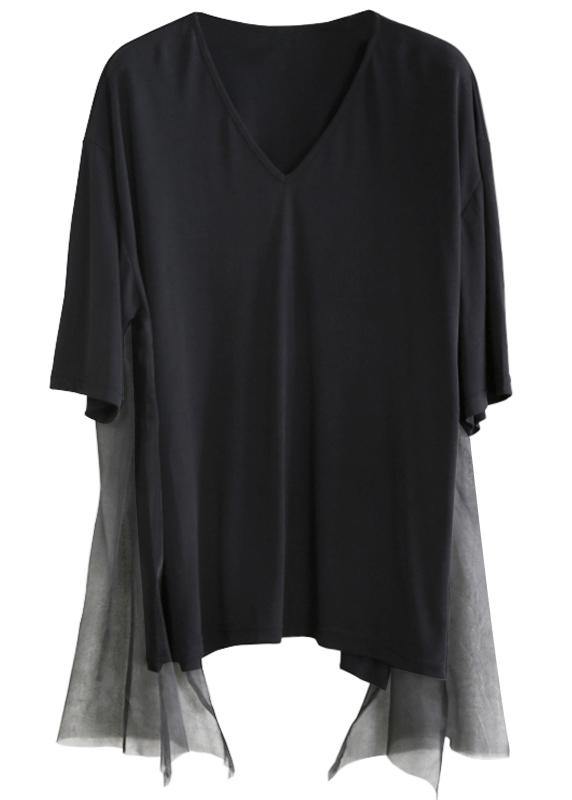 DIY v neck asymmetric summe rclothes Work black tops - bagstylebliss