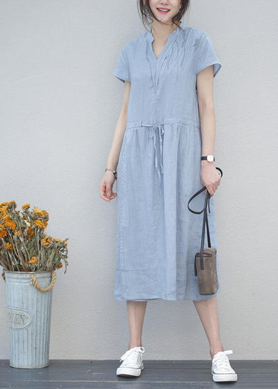 DIY v neck drawstring linen summer Robes Tunic blue Dresses - bagstylebliss