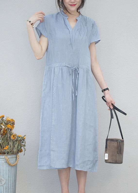 DIY v neck drawstring linen summer Robes Tunic blue Dresses - bagstylebliss