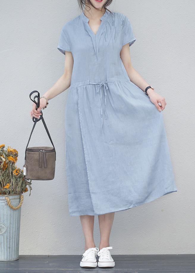 DIY v neck drawstring linen summer Robes Tunic blue Dresses - bagstylebliss