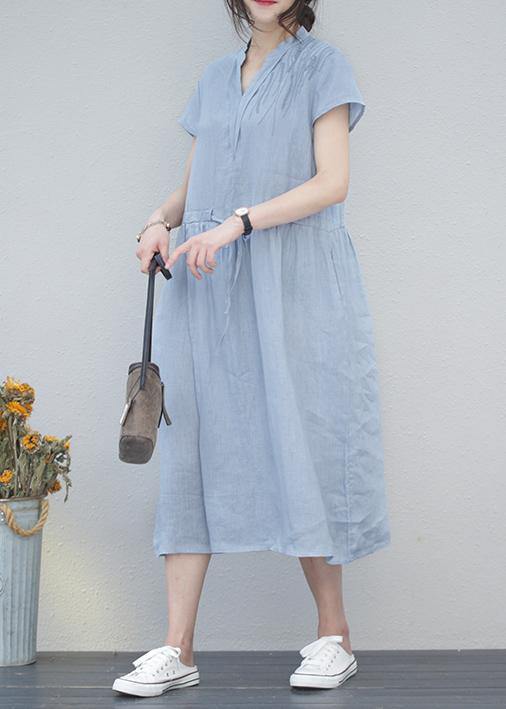 DIY v neck drawstring linen summer Robes Tunic blue Dresses - bagstylebliss