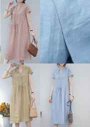 DIY v neck drawstring linen summer Robes Tunic blue Dresses - bagstylebliss