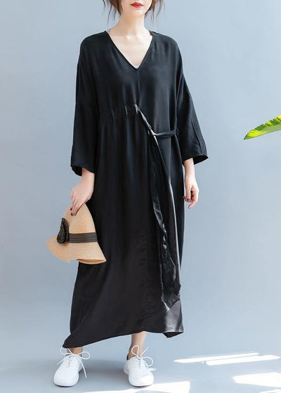 DIY v neck drawstring summer dress Sewing black Kaftan Dress - bagstylebliss