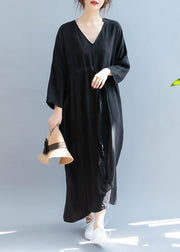 DIY v neck drawstring summer dress Sewing black Kaftan Dress - bagstylebliss