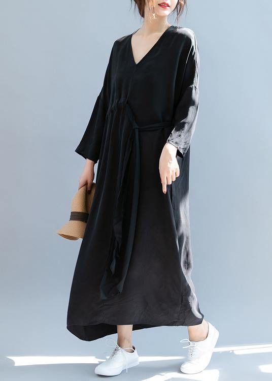 DIY v neck drawstring summer dress Sewing black Kaftan Dress - bagstylebliss