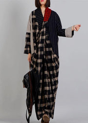 DIY v neck patchwork linen clothes black plaid Dress fall - bagstylebliss