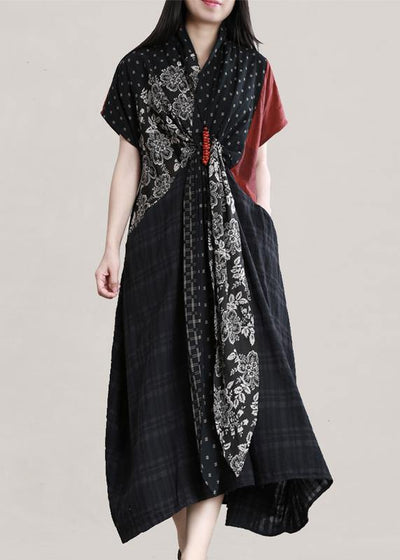 DIY v neck patchwork linen summer Robes Shirts black print Dress - bagstylebliss