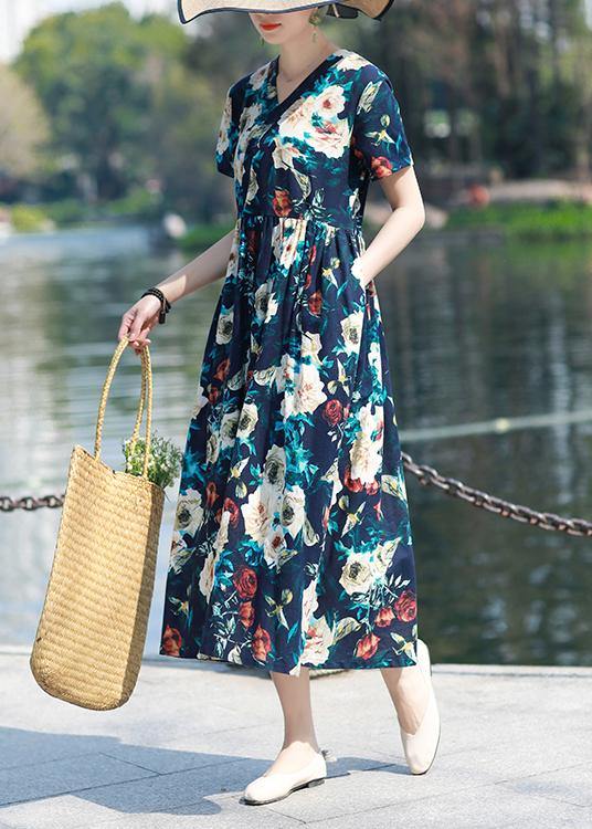 DIY v neck pockets cotton linen outfit Work Outfits navy print Dresses summer - bagstylebliss