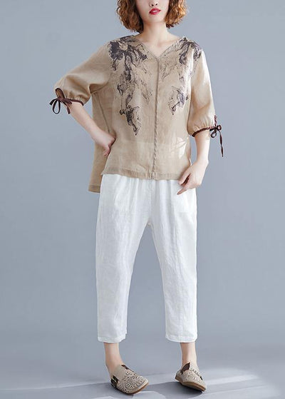 DIY v neck side open cotton linen crane tops nude print shirts summer - bagstylebliss