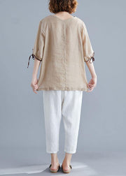 DIY v neck side open cotton linen crane tops nude print shirts summer - bagstylebliss