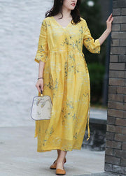 DIY v neck tie waist linen summer dresses Work yellow print Dresses - bagstylebliss