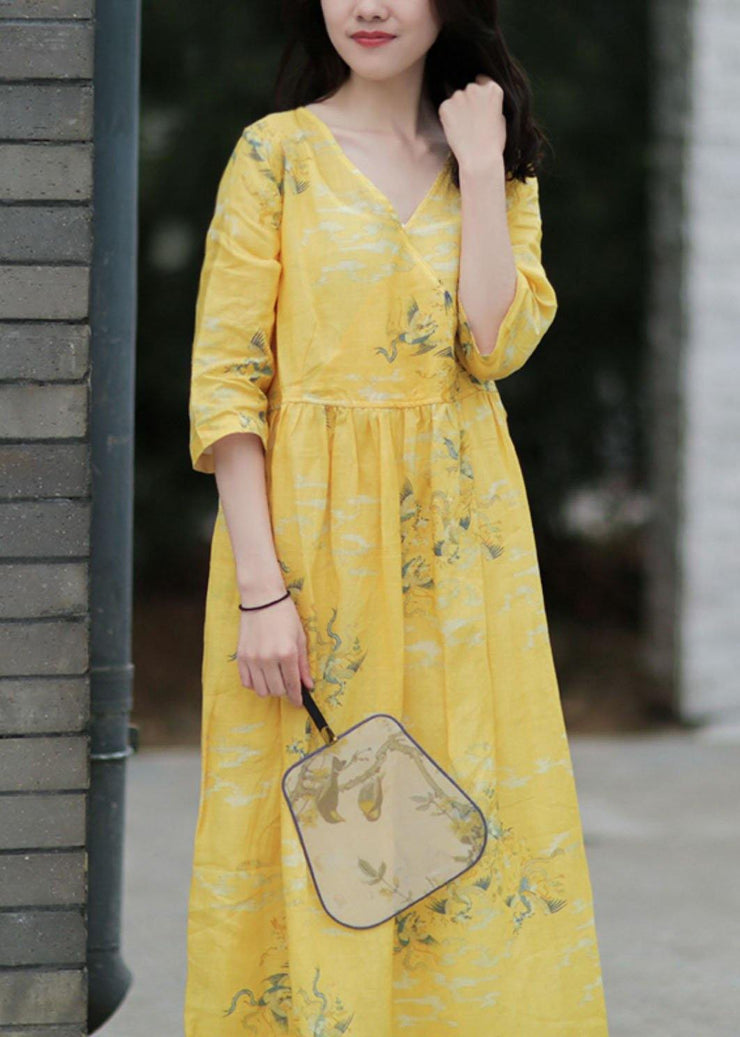 DIY v neck tie waist linen summer dresses Work yellow print Dresses - bagstylebliss