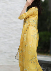 DIY v neck tie waist linen summer dresses Work yellow print Dresses - bagstylebliss