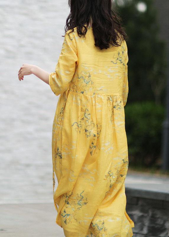 DIY v neck tie waist linen summer dresses Work yellow print Dresses - bagstylebliss