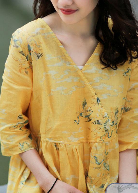 DIY v neck tie waist linen summer dresses Work yellow print Dresses - bagstylebliss