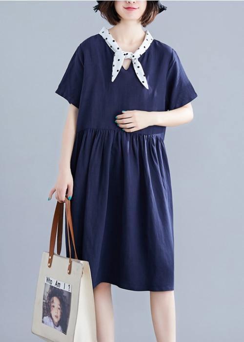 DIY v neck Cinched Cotton Long Shirts Photography navy Dresses - bagstylebliss