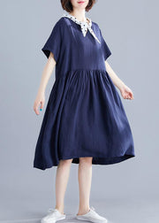 DIY v neck Cinched Cotton Long Shirts Photography navy Dresses - bagstylebliss