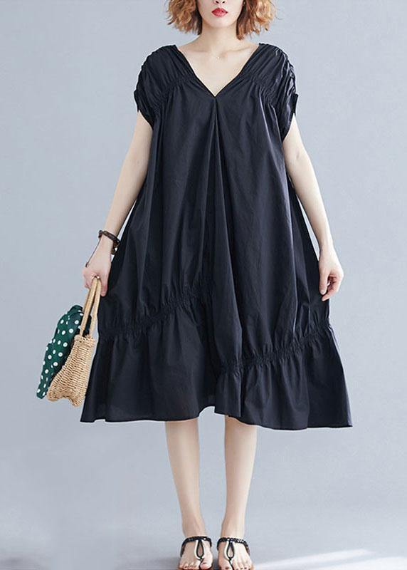 DIY v neck Cinched Cotton clothes Shape black Dresses - bagstylebliss