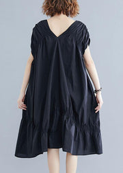 DIY v neck Cinched Cotton clothes Shape black Dresses - bagstylebliss
