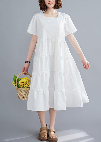 DIY white Tunics Square Collar patchwork long Dress - bagstylebliss