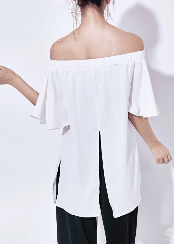 DIY white chiffon Long Shirts Slash neck off the shoulder daily summer tops - bagstylebliss