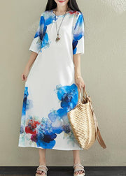 DIY white prints silk dresses stand collar long summer Dress - bagstylebliss