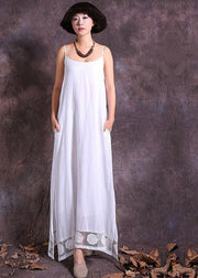DIY white side open linen clothes hollow out hem Maxi summer Dresses - bagstylebliss