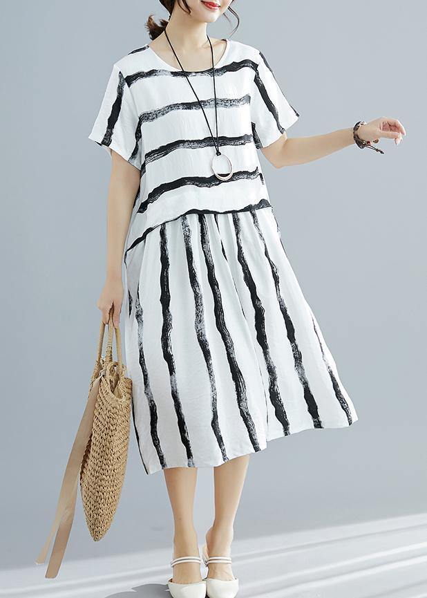 DIY white striped Cotton dress Fitted pattern o neck pockets shift Summer Dresses - bagstylebliss