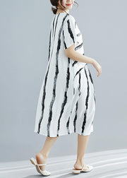 DIY white striped Cotton dress Fitted pattern o neck pockets shift Summer Dresses - bagstylebliss