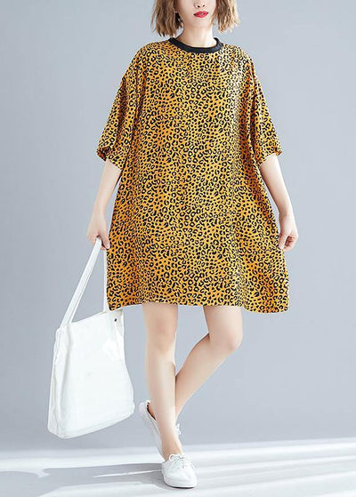 DIY yellow Leopard Cotton blended Drops Design Outfits o neck Batwing Sleeve daily Summer Dresses - bagstylebliss