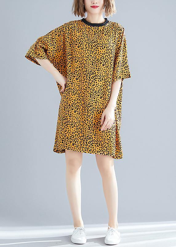 DIY yellow Leopard Cotton blended Drops Design Outfits o neck Batwing Sleeve daily Summer Dresses - bagstylebliss