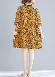 DIY yellow Leopard Cotton blended Drops Design Outfits o neck Batwing Sleeve daily Summer Dresses - bagstylebliss