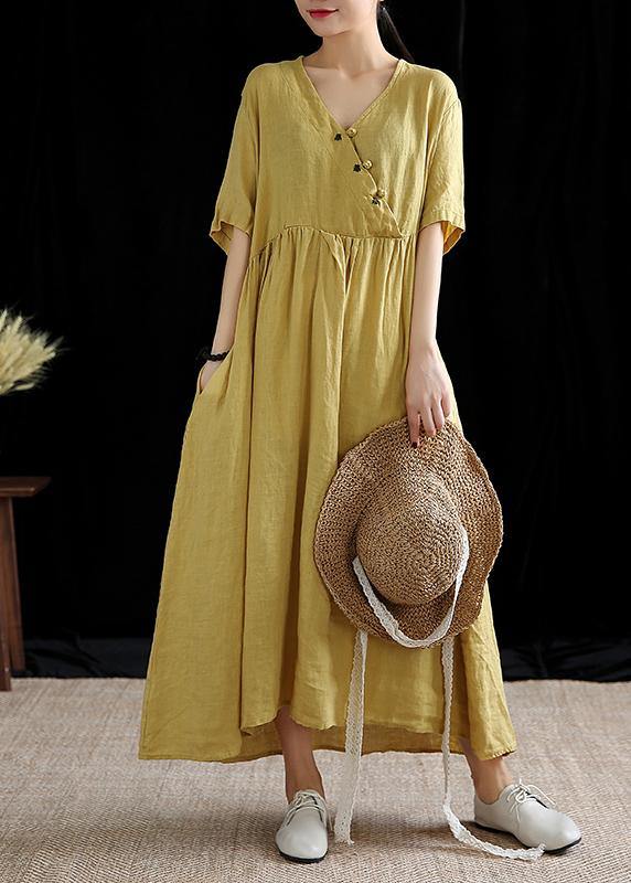 DIY yellow linen Robes v neck exra large hem cotton summer Dress - bagstylebliss