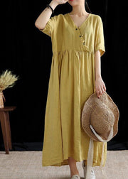 DIY yellow linen Robes v neck exra large hem cotton summer Dress - bagstylebliss