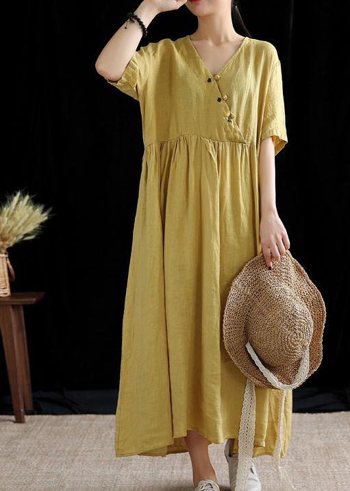 DIY yellow linen Robes v neck exra large hem cotton summer Dress - bagstylebliss