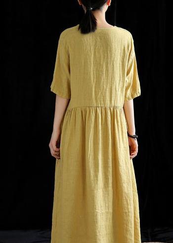 DIY yellow linen Robes v neck exra large hem cotton summer Dress - bagstylebliss