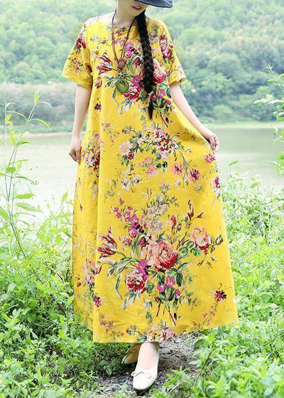 DIY yellow linen cotton outfit Boho Fabrics big hem cotton robes summer Dress - bagstylebliss