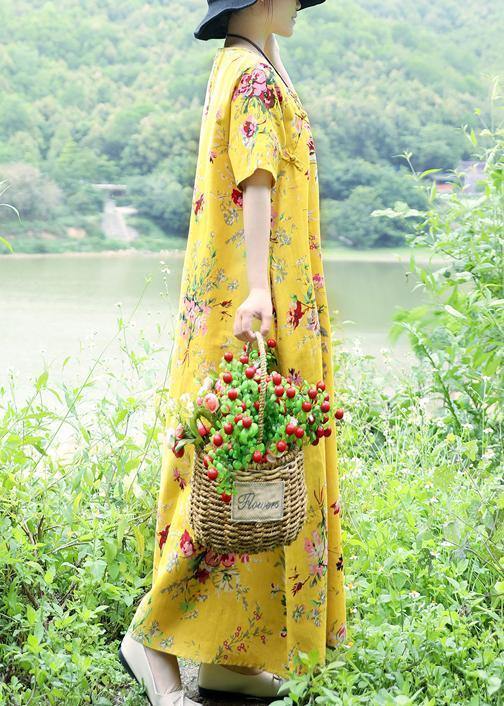 DIY yellow linen cotton outfit Boho Fabrics big hem cotton robes summer Dress - bagstylebliss