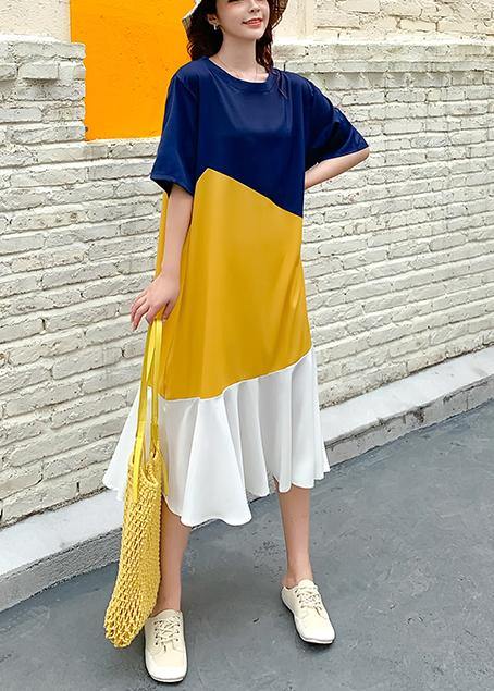 DIY yellow patchwork cotton clothes Women o neck Ruffles Plus Size Dresses - bagstylebliss
