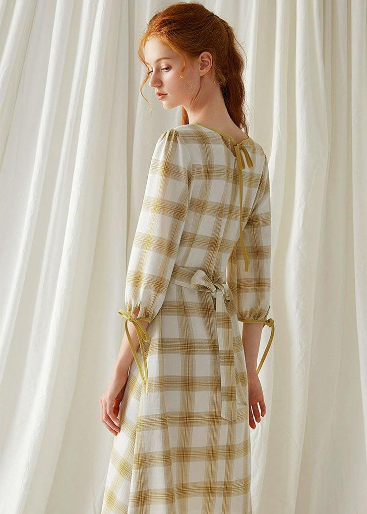 DIY yellow plaid cotton dresses high waist Plus Size fall Dresses - bagstylebliss