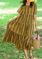 DIY yellow print cotton Long o neck patchwork Maxi summer Dresses - bagstylebliss
