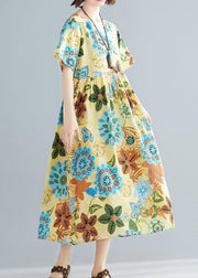 DIY yellow print cotton Tunics o neck patchwork Plus Size summer Dress - bagstylebliss
