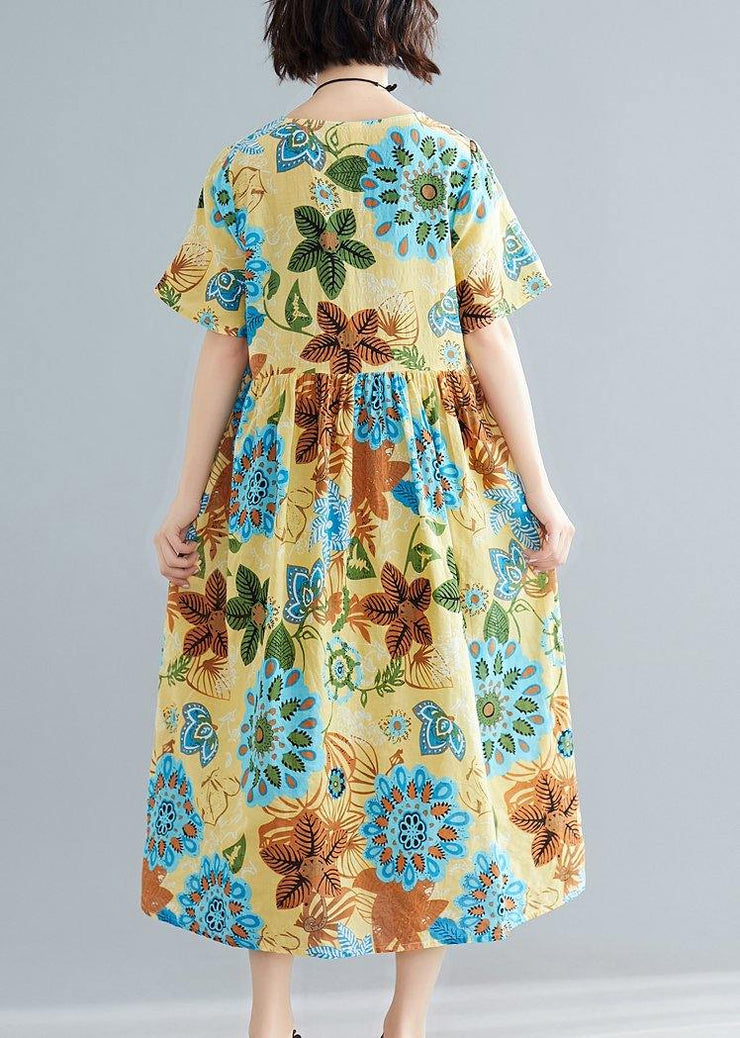 DIY yellow print cotton Tunics o neck patchwork Plus Size summer Dress - bagstylebliss