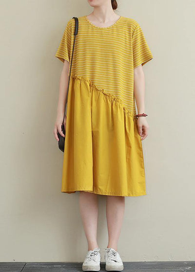 DIY yellow striped Cotton dress o neck patchwork tunic Dress - bagstylebliss