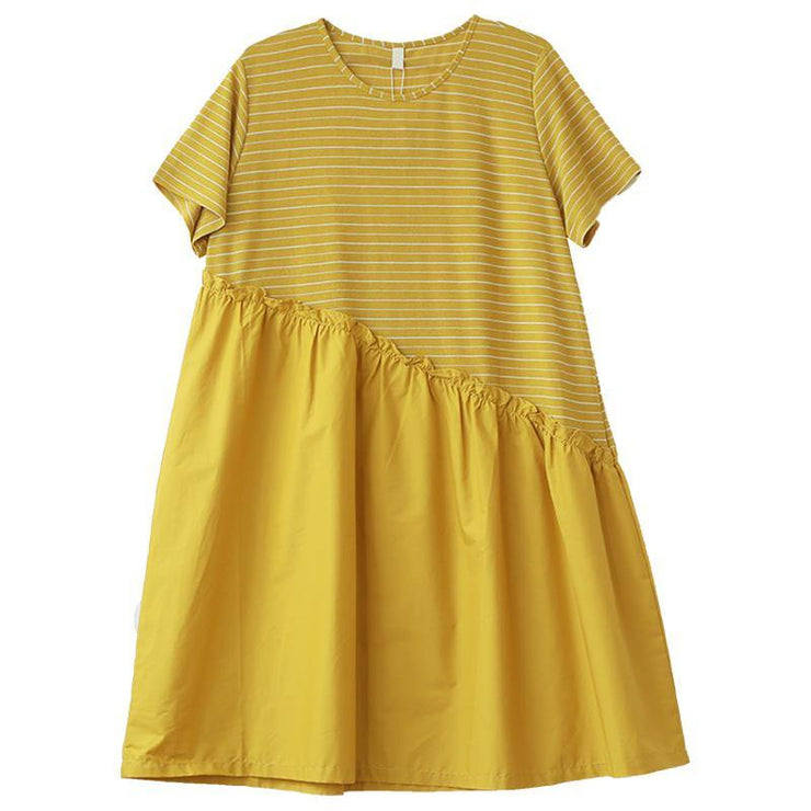 DIY yellow striped Cotton dress o neck patchwork tunic Dress - bagstylebliss