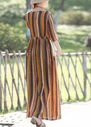 DIY yellow striped cotton linen dresses Fashion Inspiration o neck Half sleeve Plus Size Clothing Summer Dress - bagstylebliss