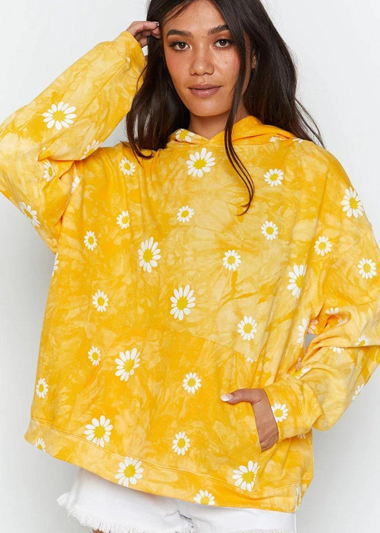 Daisy Print Tie Dye Hoodies Women Yellow Sweatshirts - bagstylebliss