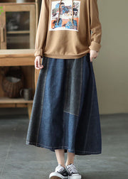 Dark Blue Denim Skirt Elastic Waist Button Spring