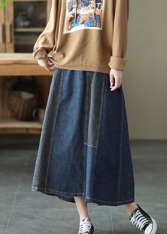 Dark Blue Denim Skirt Elastic Waist Button Spring